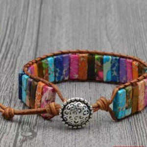 7 Chakra Natural Stone Tube Bead Bracelet - Circle Charm